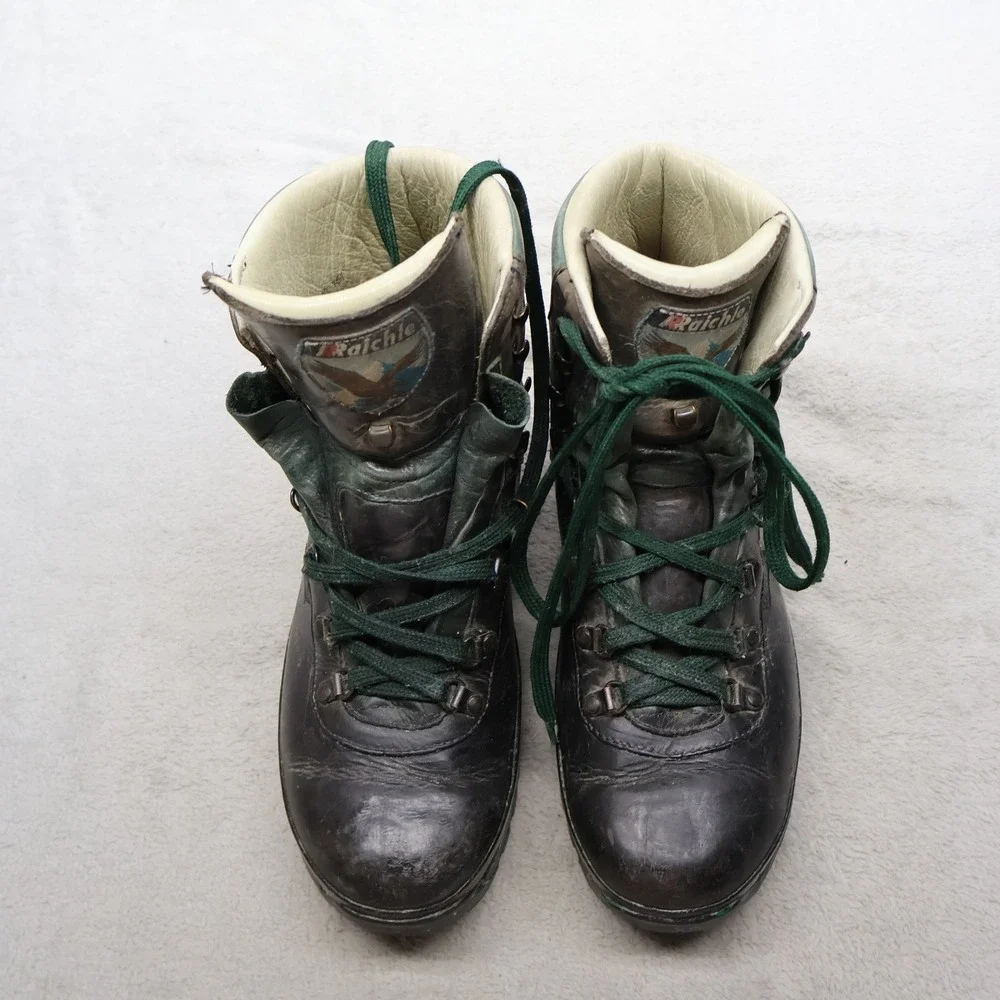 Raichle Mens 10 Hiking Boots Brn Leather Vibram Mountaineer Switzerland VTG RARE